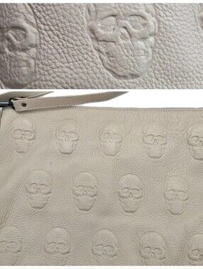 IO Pelle Leather Skull Crossbody Handbag Embossed 3D Cream Beige NEW Goth Punk